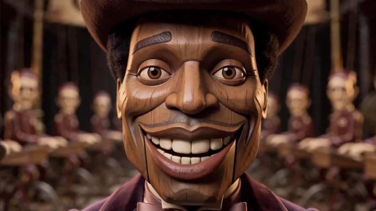 The wooden Founder smiling at the camera